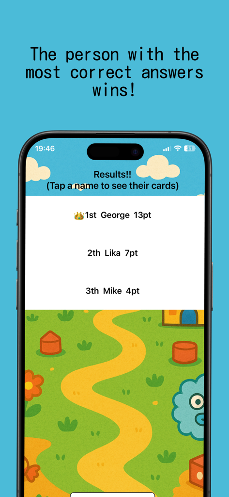 Quick Name Game – Namey Gamey - L'écran des résultats de Namey Gamey montrant George en première place, suivi de Lika et Mike avec leurs scores.