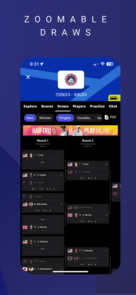 Una interfaz de aplicación móvil que muestra un cuadro de torneo de tenis profesional ampliable con los cuadros de jugadores