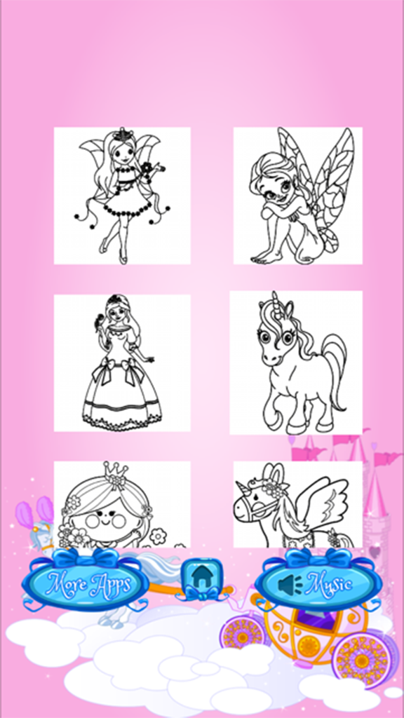 Princess Coloring Book Draw Paint for Kids & Adult - Menú del libro de colorear de princesas que muestra bocetos de princesas, hadas y unicornios para niños