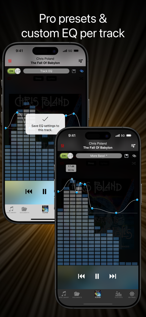 Equalizer Pro + - Equalizer Pro plus app interface showing custom audio frequency curves and track specific presets on two smartphones