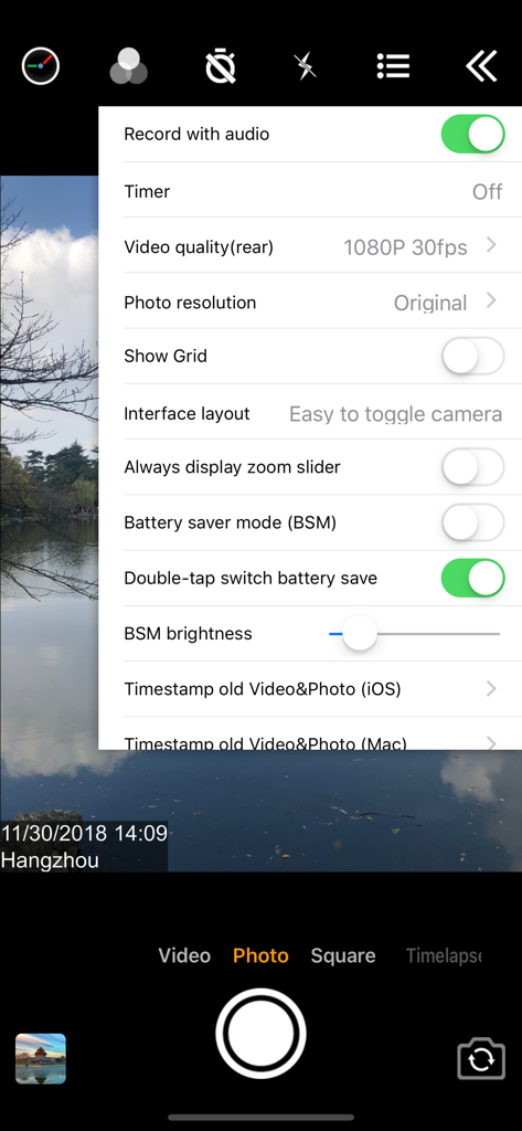 Timestamp Camera Pro - Settings menu of Timestamp Camera Pro app overlaying a camera view with date and location timestamp