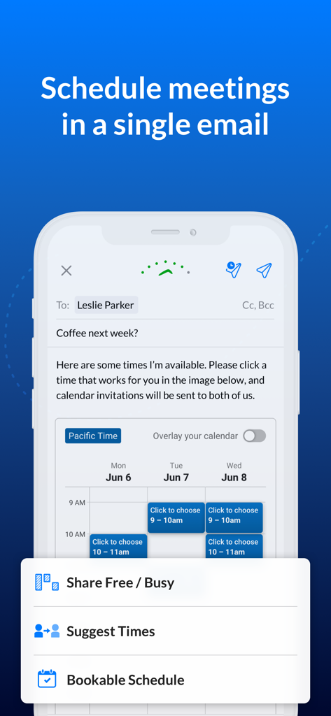 Email Client - Boomerang Mail - Smartphone showing Boomerang Mail app scheduling a meeting with an integrated calendar in an email draft.