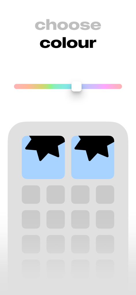 veyebes - playful eyes widget - A color selection screen for veyebes eye widgets with a rainbow slider and preview on a phone home screen.
