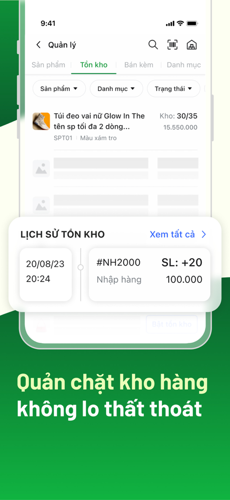 Sổ Bán Hàng: Quản lý toàn diện - Interfaccia dell'app mobile per la gestione dell'inventario e la cronologia delle scorte in vietnamita