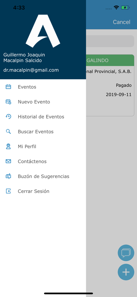 Side navigation menu of the Aliquam medical billing app showing options for events profile and settings