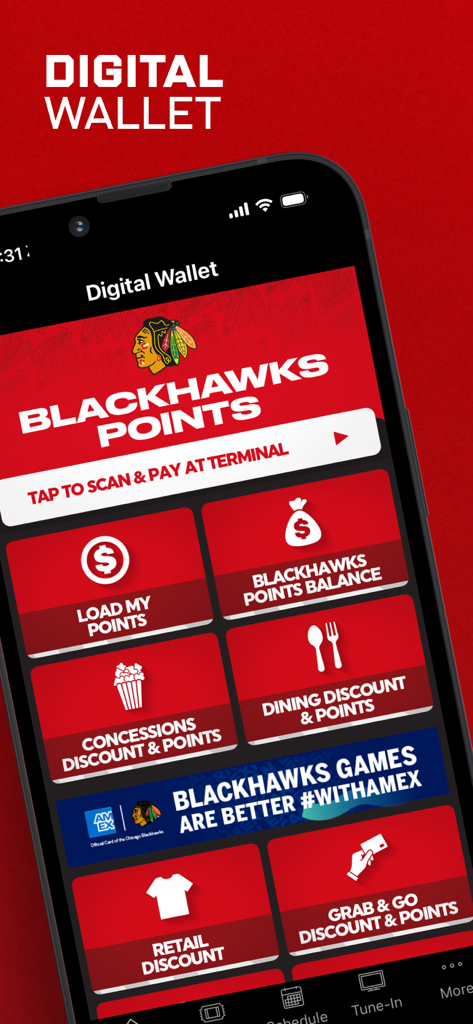 Chicago Blackhawks app digital wallet showing points balance and payment options