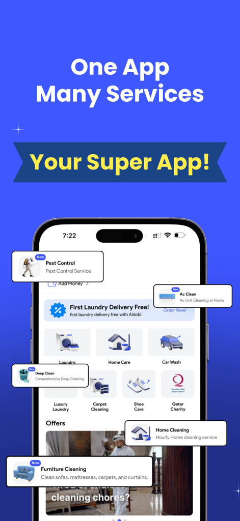 Aldobi: Laundry & Homecare - Aldobiアプリの画面。さまざまなランドリーとホームケアサービスが表示されています。