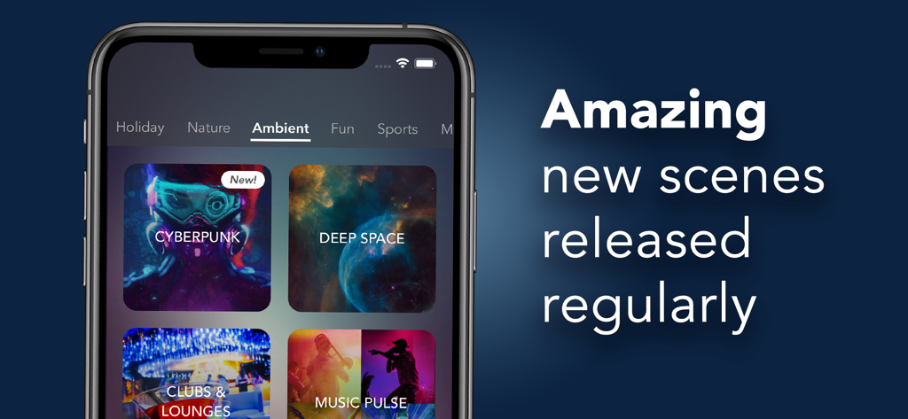 OnSwitch for Philips Hue - Interfaz de la aplicación OnSwitch que muestra escenas de luz ambiental inmersivas para Philips Hue