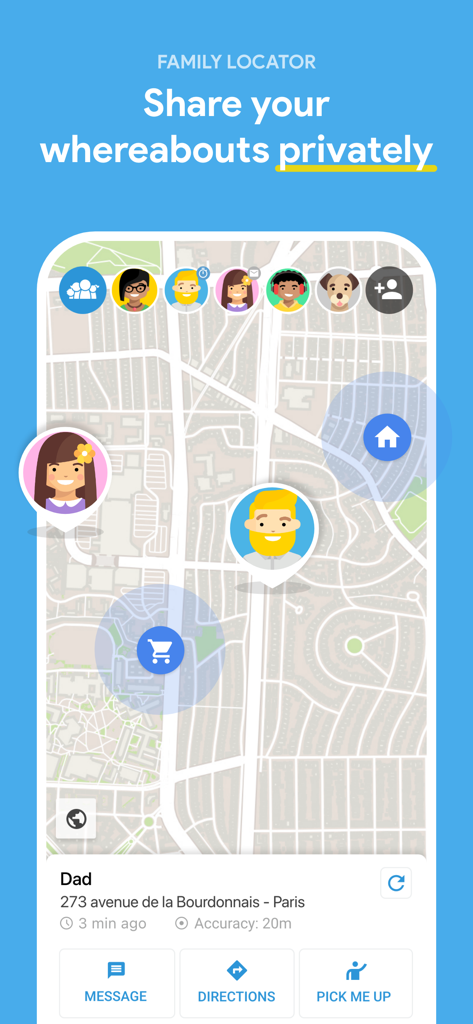 FamilyWall: Family Organizer - Uma captura de tela do aplicativo FamilyWall mostrando o recurso de localizador familiar com um mapa em tempo real e as localizações dos membros.