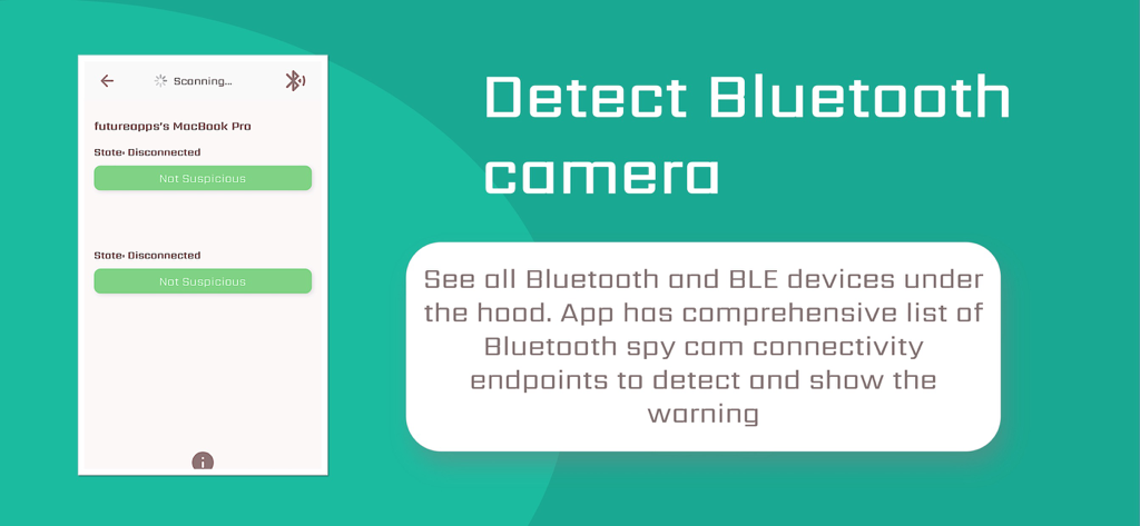 Die App-Oberfläche zeigt einen Bluetooth-Gerätescan zur Erkennung versteckter Spionagekameras mit Sicherheitsstatusanzeigen.