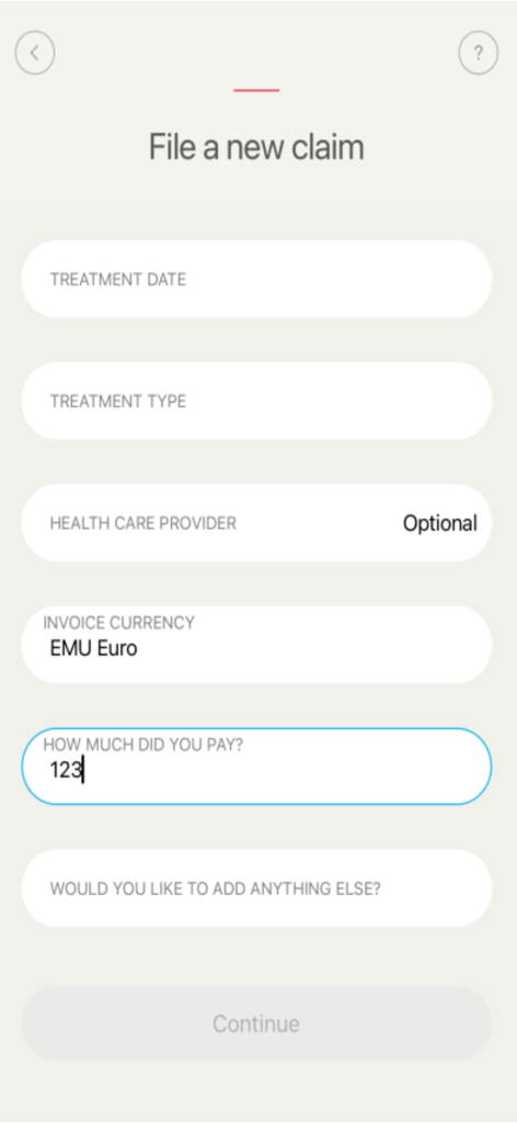 PassportCard Pcard mobile app screen for filing a new medical claim with input fields for treatment and costs