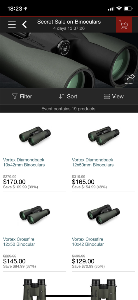 DVOR - DVOR app secret sale on Vortex binoculars showing discounted prices