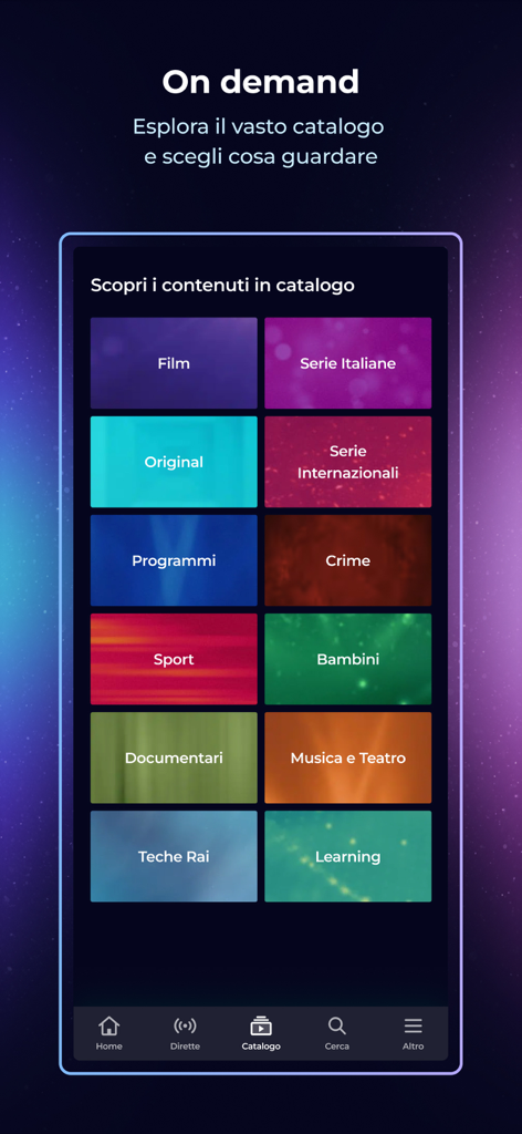 RaiPlay - RaiPlay mobile app on-demand catalog screen showing content categories like Italian series movies and sport