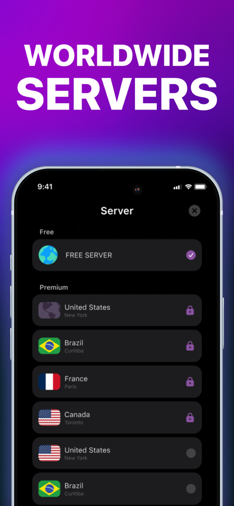 OrNET VPN - A mobile screen showing the OrNET VPN worldwide server list with options for free and premium locations in the US, Brazil, and France