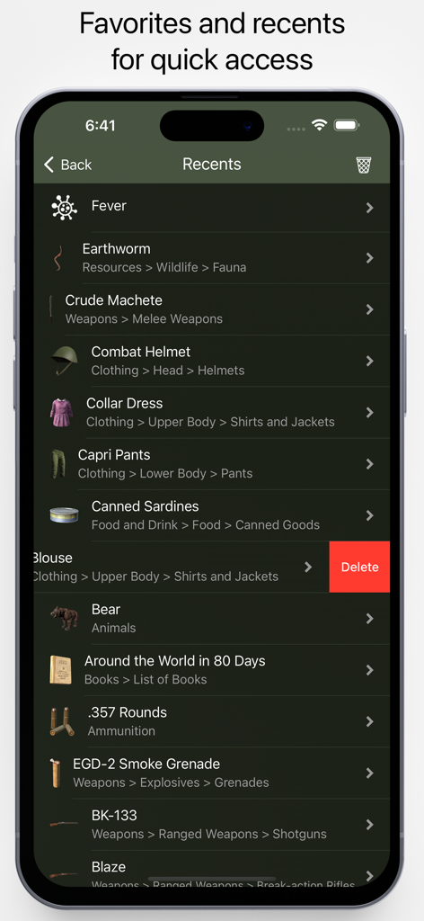 Pocket Wiki for DayZ - A mobile screenshot of the Pocket Wiki for DayZ app displaying a list of recent items like weapons and clothing in a dark theme