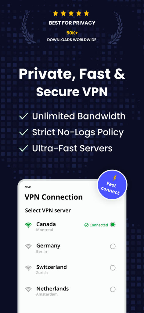 Quick VPN: AI Fast VPN Proxy - Interface of Quick VPN app showing private connection and global server list