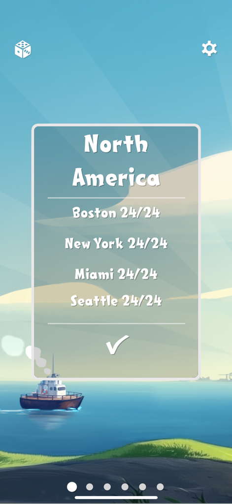 Move the Box - North America level selection menu in Move the Box app showing completed cities