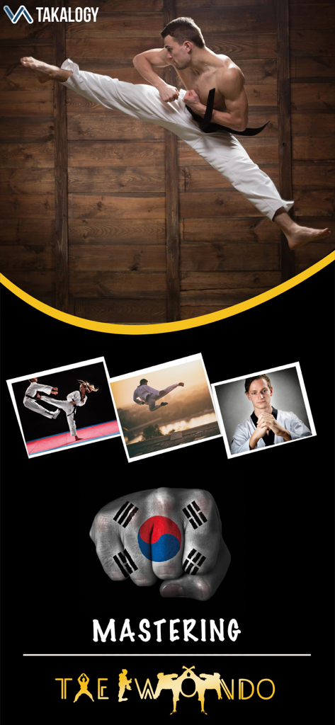 A man in a black belt performing a high flying kick above the title Mastering Taekwondo.