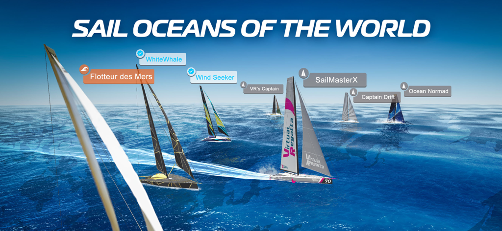 A group of competitive sailboats racing across a wide blue ocean in the Virtual Regatta Offshore simulator.