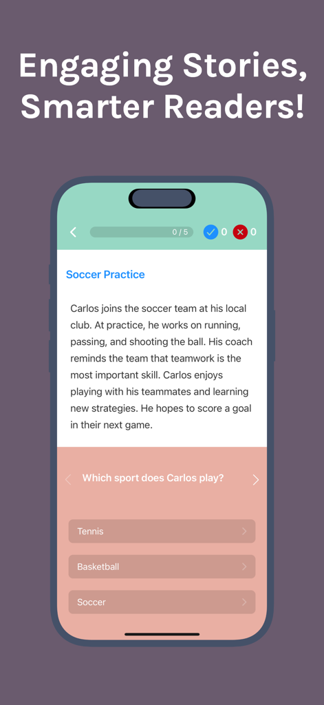 Master Reading Comprehension - Una interfaz de aplicación móvil que muestra una historia corta sobre fútbol y una pregunta de comprensión lectora para niños.