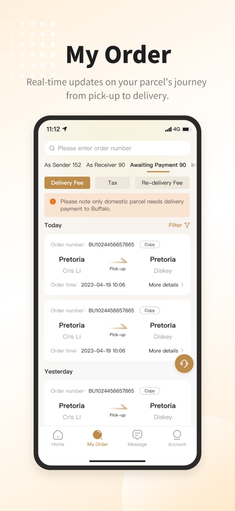 Screenshot der BUFFALOEX Mobile App, Meine Bestellungen-Bildschirm mit Paketverfolgung und Sendungsstatus.