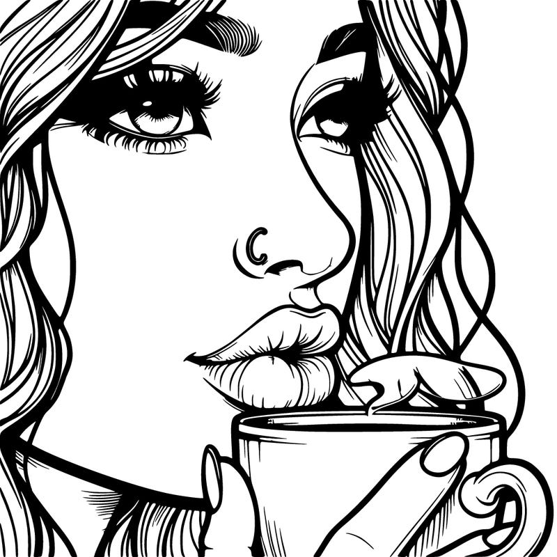realistic girl with nose and lips drinking coffee