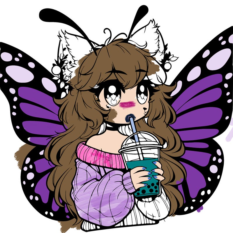a realistic butterfly/furry girl drinking boba