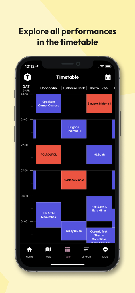 TMSQR - Mobile app interface of TMSQR displaying a music festival timetable with performance times and stages