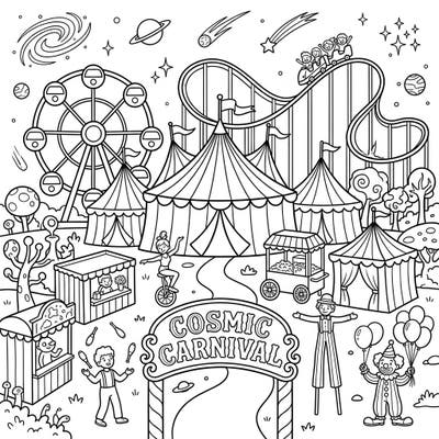 Dive into an extraordinary coloring experience where the thrill of a vibrant carnival meets the awe-inspiring beauty of dwarf galaxies. This unique scene invites you to add your splash of color to circus tents, rides, and cosmic wonders.