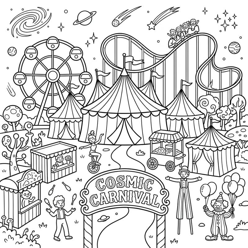Dive into an extraordinary coloring experience where the thrill of a vibrant carnival meets the awe-inspiring beauty of dwarf galaxies. This unique scene invites you to add your splash of color to circus tents, rides, and cosmic wonders.