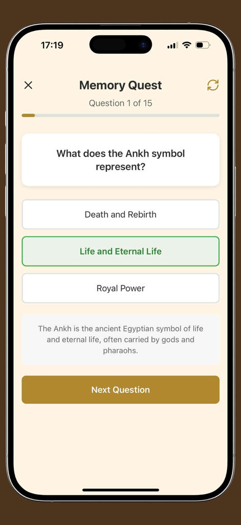 A quiz screen in the GlyphsQuest app asking about the meaning of the Ankh symbol