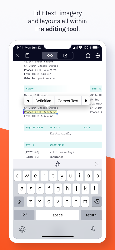 Nitro PDF Pro: Read & Edit - Editando texto em um documento PDF usando o Nitro PDF Pro em um iPhone