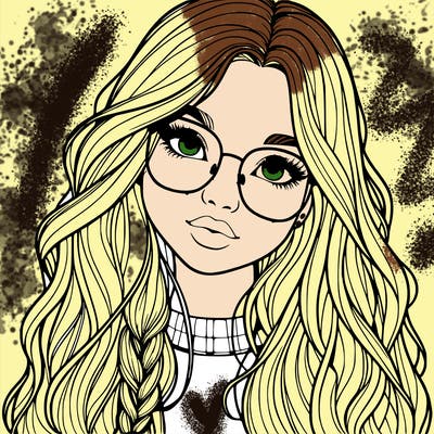 girl with long hair and freckles and glasses realistic