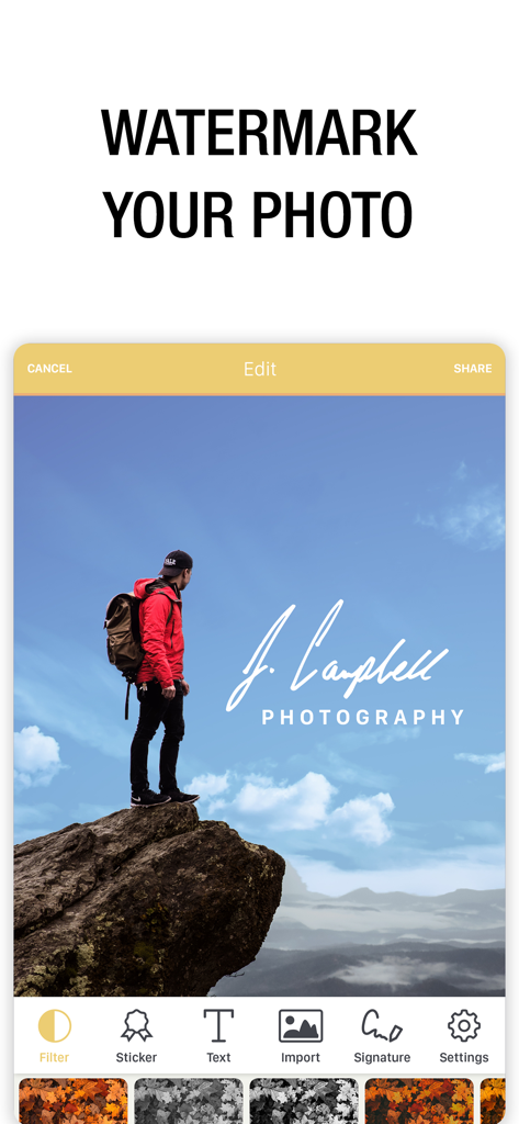 Watermark Maker: Add Signature - Mobile app interface showing a professional photography signature watermark on a landscape photo