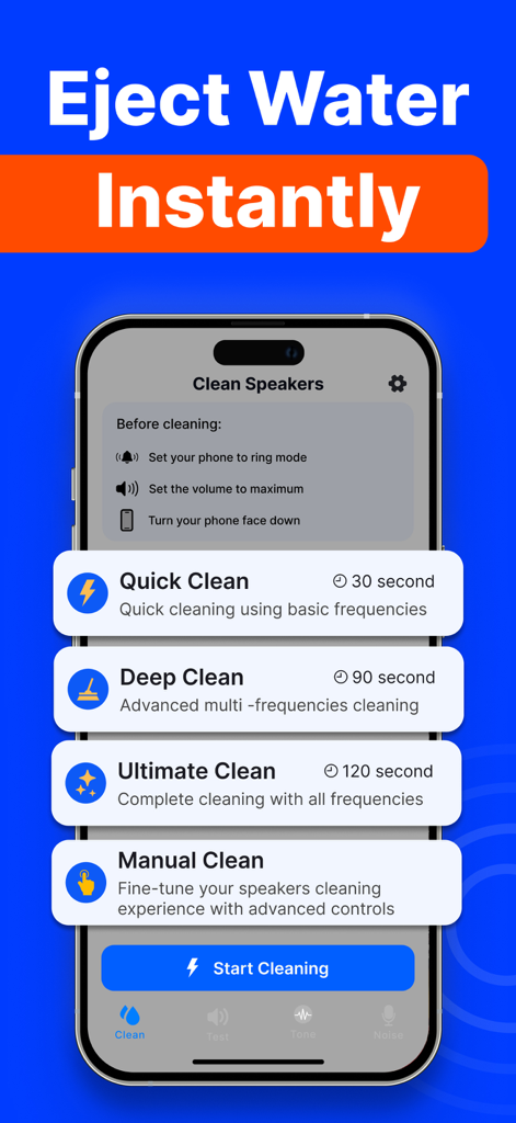 Clear Wave・Water Eject - Clear Wave app screen showing different speaker cleaning modes to eject water from a phone