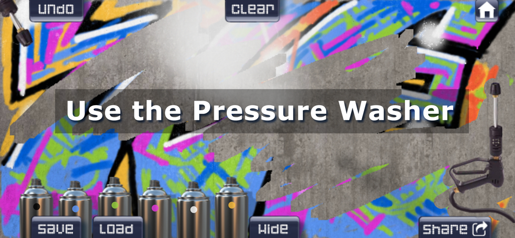Graffiti Spray Can Art - KING - Une capture d'écran de l'application Graffiti Spray Can Art montrant l'outil nettoyeur haute pression en train de nettoyer des graffitis colorés sur un mur en béton.