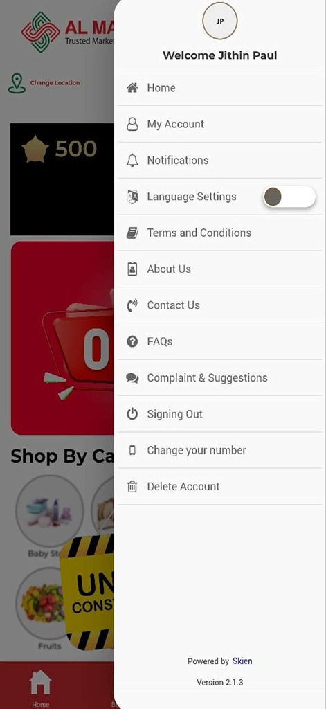 Side navigation menu of the Al Madina UAE app showing account settings and rewards options.