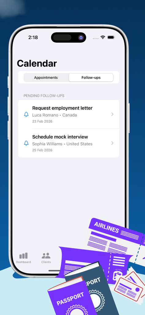 Visa Department App Tracker - Calendar screen showing pending follow up tasks for visa applications
