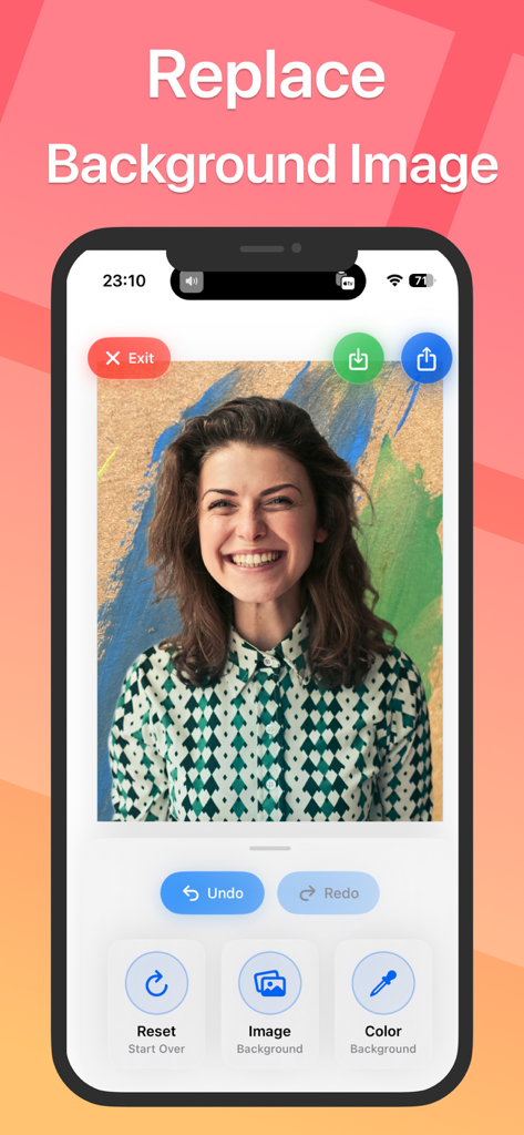 Remove Background Easy with AI - Interface for replacing a photo background with a custom artistic image