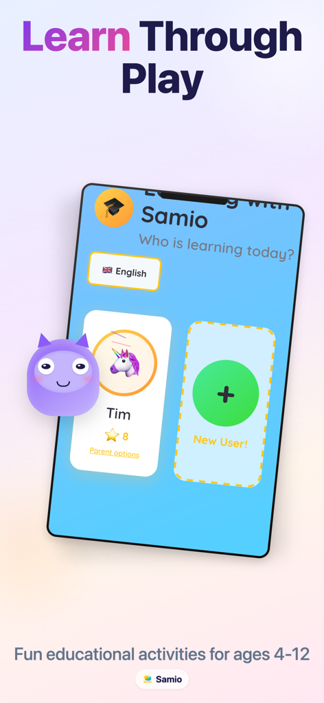 Samio Learning - Samio Learning app interface showing user profiles for children and the slogan Learn Through Play