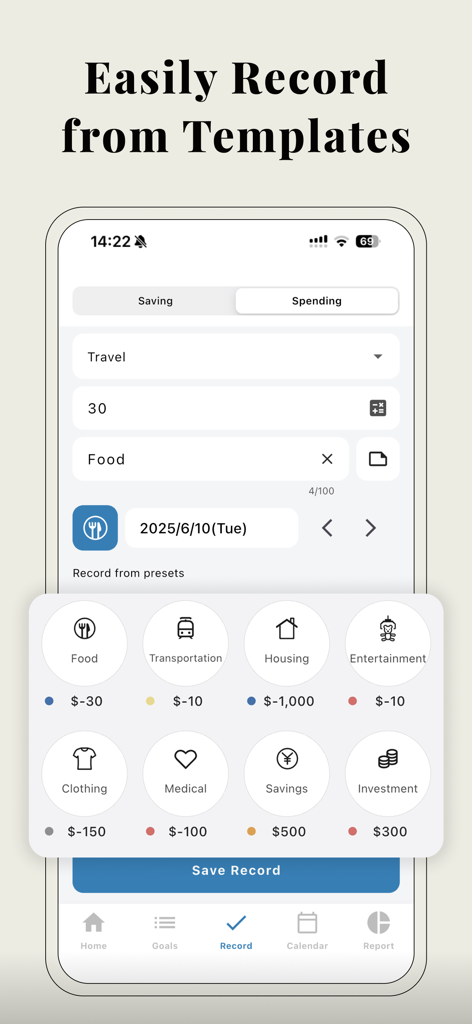 SaveNote-Goal based Budgeting - SaveNote app interface showing manual expense entry with quick record templates