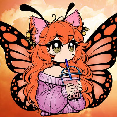 a realistic butterfly/furry girl drinking boba