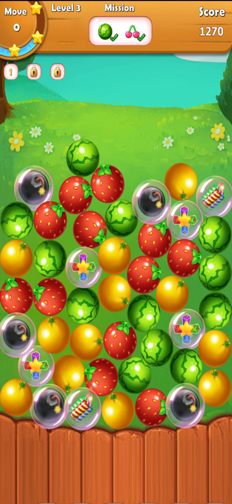 Fruit Link - Line Blast - Écran de gameplay de Fruit Link montrant un plateau rempli de fraises, de pastèques, d'oranges et de bulles de power-up