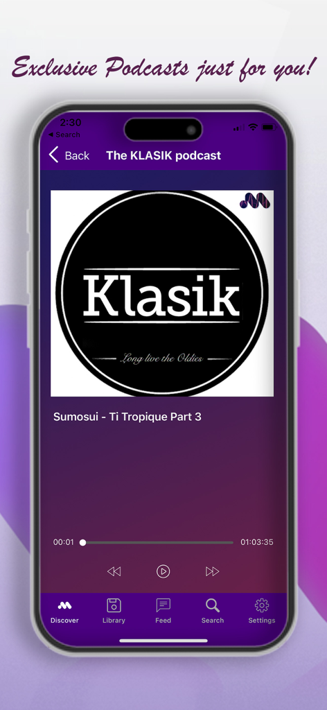 Interfaccia del lettore podcast dell'app Mizikpam che mostra l'episodio del podcast Klasik Ti Tropique Parte 3.