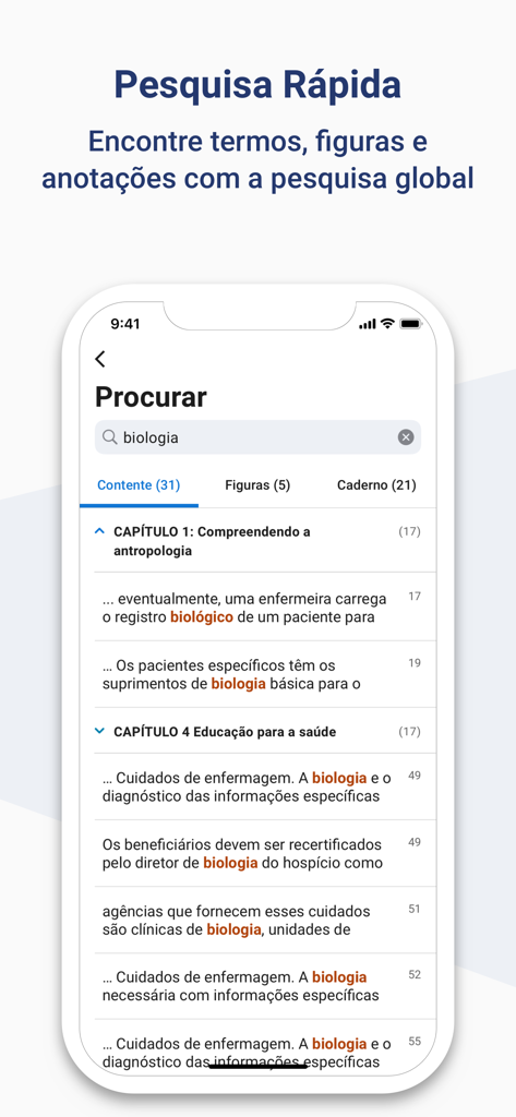 Screenshot der Minha Biblioteca App, der eine schnelle Suche nach Biologie mit nach Inhalt, Abbildungen und Notizbuch kategorisierten Ergebnissen zeigt.