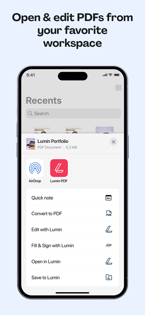 Lumin: View, Edit, Share PDF - Interfaz del iPhone mostrando el menú de documentos PDF de Lumin con opciones para editar, firmar y convertir archivos