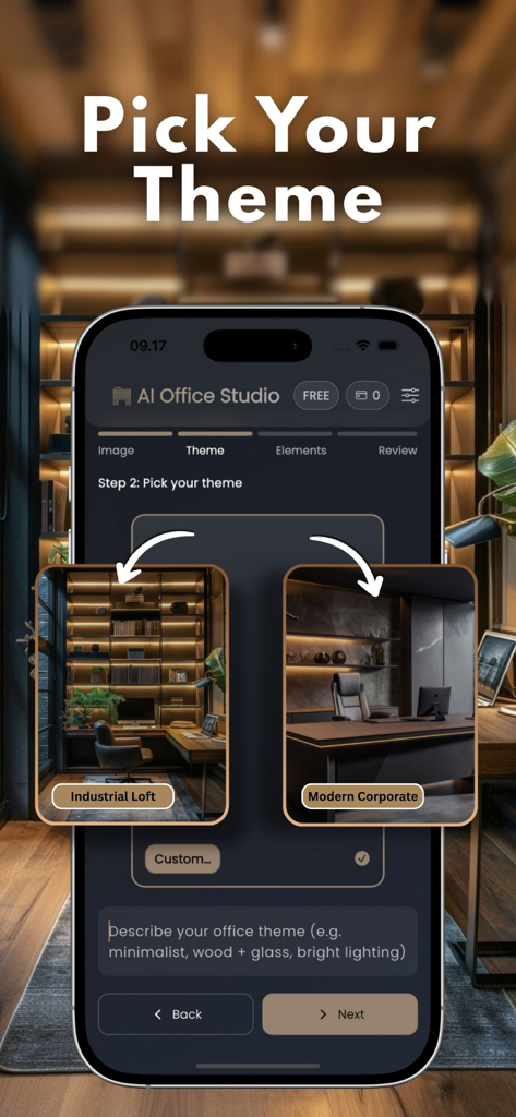 Smartphone-Display, das industrielle und corporate Bürolayout-Themen in der AI Office App zeigt