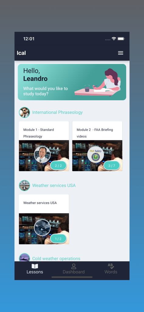 Ical - Panel de la aplicación de entrenamiento aeronáutico Ical que muestra lecciones sobre fraseología internacional y servicios meteorológicos.