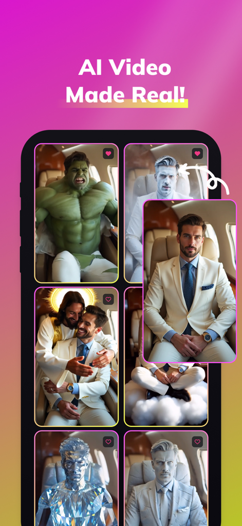 Swapzy AI app screen showing a man's face transformed into different characters including a superhero and professional styles