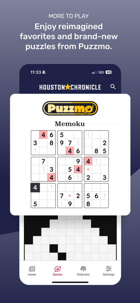 Houston Chronicle - A Memoku puzzle from Puzzmo displayed in the games section of the Houston Chronicle mobile app.